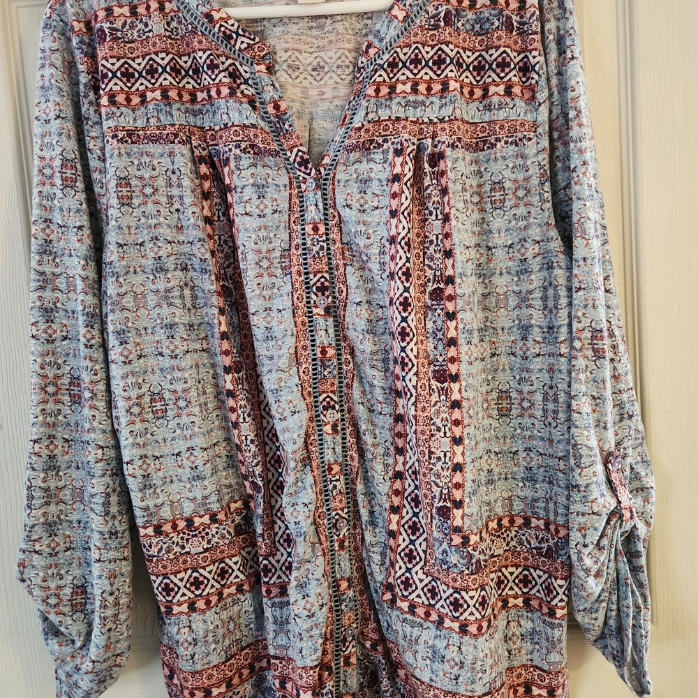 Style & Co. Women's Blouse - Blue and Red Geometric Design